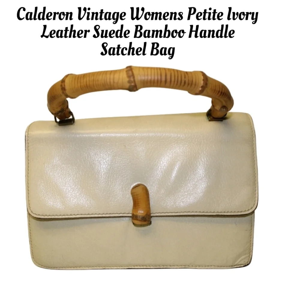 Calderon Vintage Womens Petite Ivory Leather Suede Bamboo Handle Satchel Bag - Picture 2 of 14